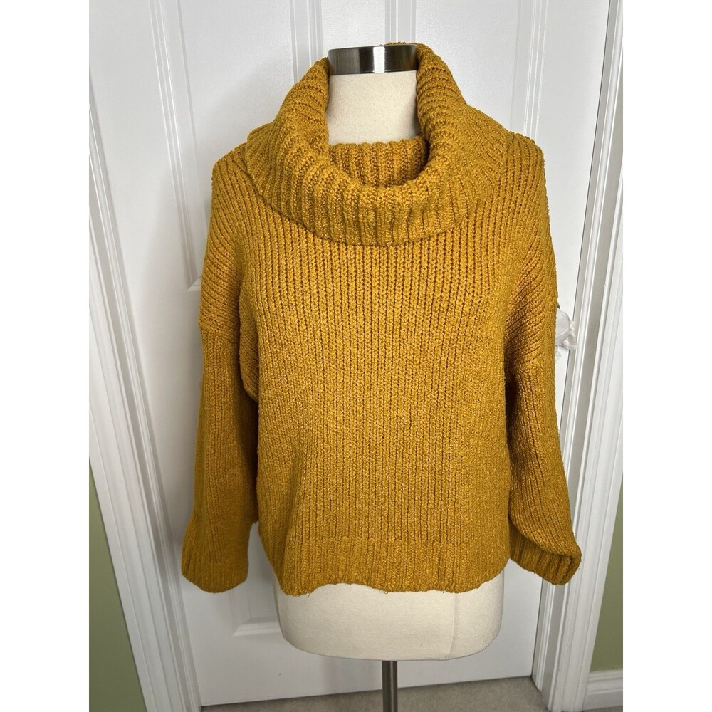 Pilcro Sweater Womens M Gold Mustard oversized knit cowl neck cropped Turtleneck